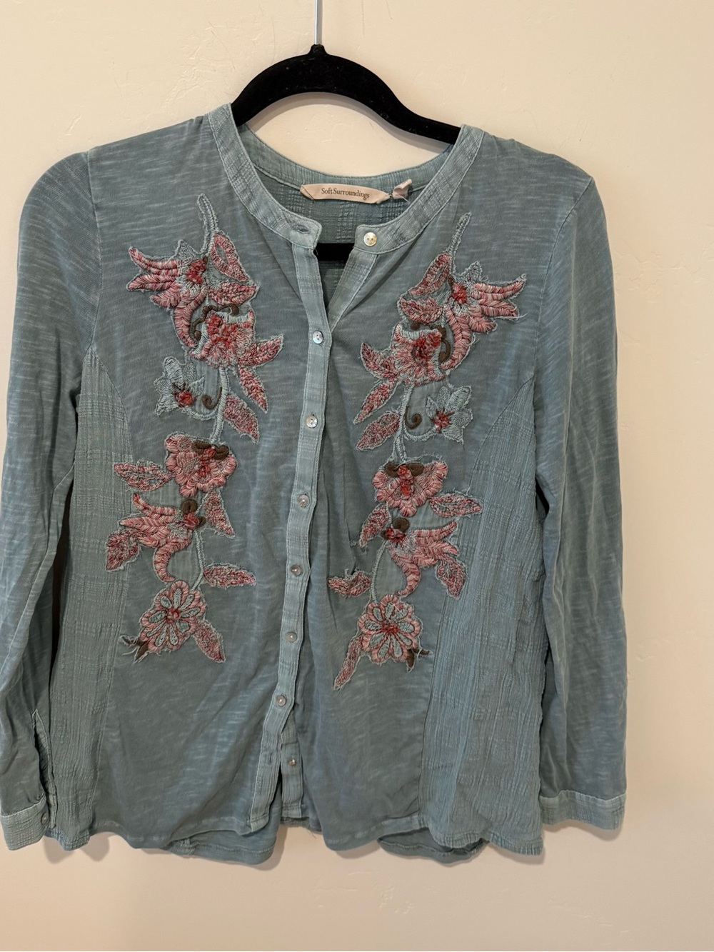 Soft Surroundings Dusty Blue Embroidered Button-Front Blouse Womens Medium Boho
